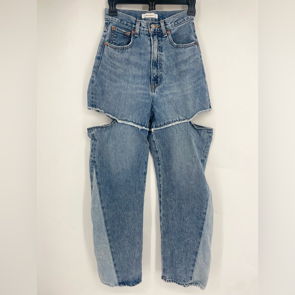Moussy Size 24 Cut Out Straight Leg Denim Jeans Blue trendy baggy barrel